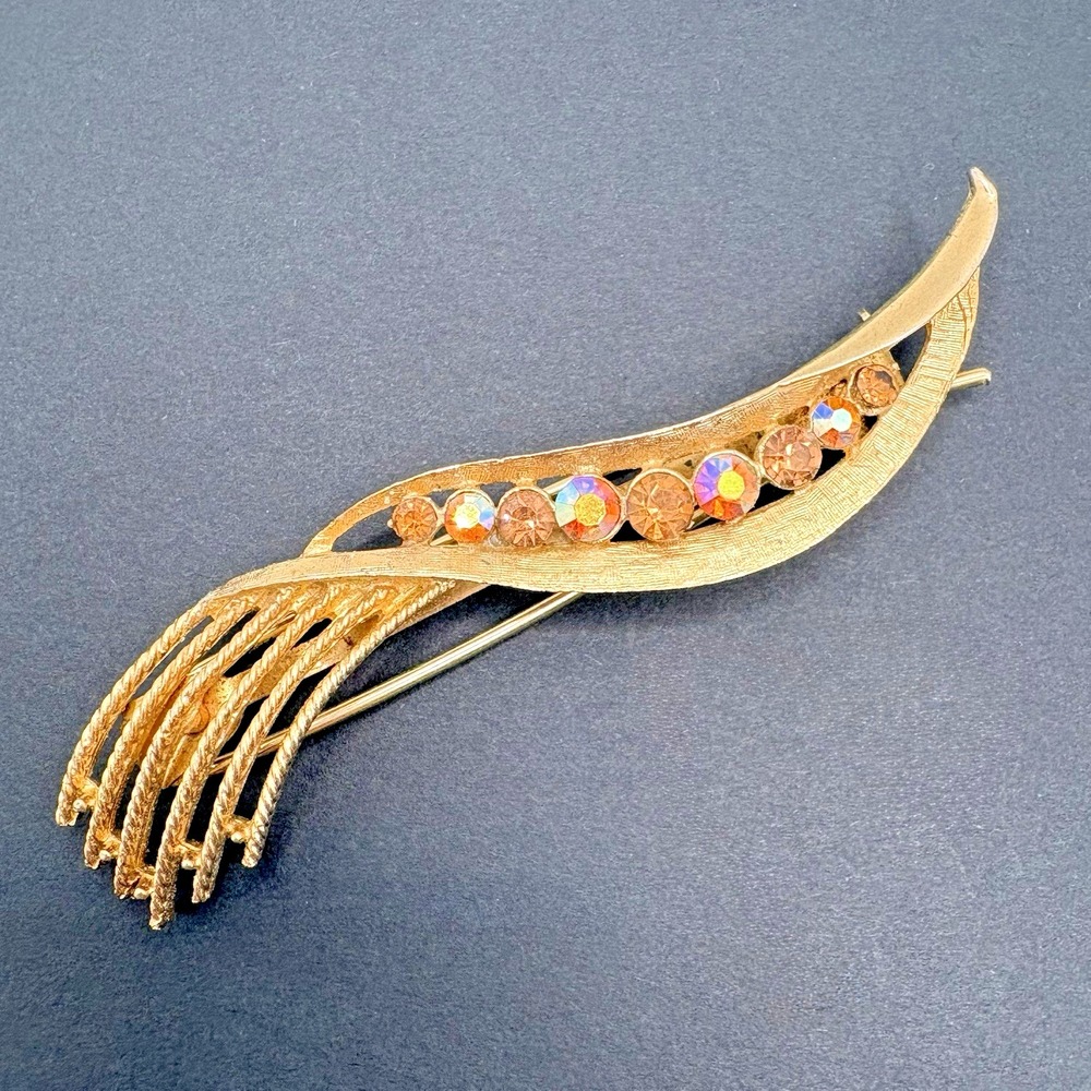 Vintage Amber Rhinestone Hair Clip Aurora Borealis Wave Barrette Glam Gold Tone